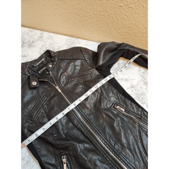 Express Womens Black Solid Long Sleeve Full Zip Faux Leather Biker Jacket Small - Picture 5 of 6